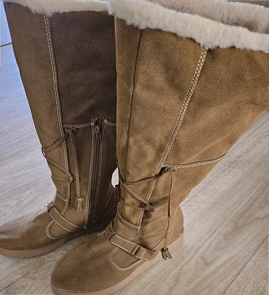 Brown Faux Suede Knee High Snow Boots with Fur Trim, Buckle, Zip for Women