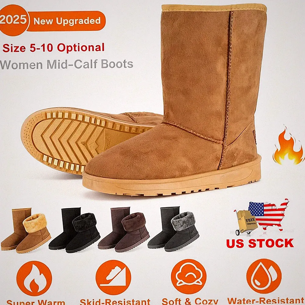 Winter Snow Boots Women's Faux Fur Suede Mid-Calf Boot Warm Fashion 5-10 US Size